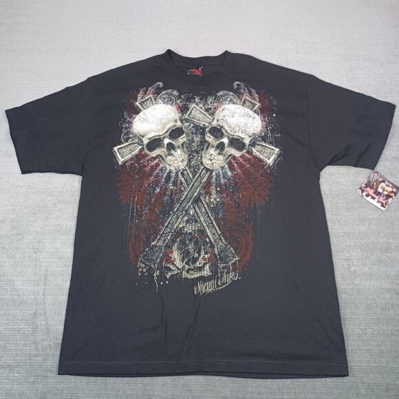 Miami Ink T-shirt Mens XL Black Short Sleeve Skulls Cross Graphic Y2K Grunge New - Picture 1 of 11